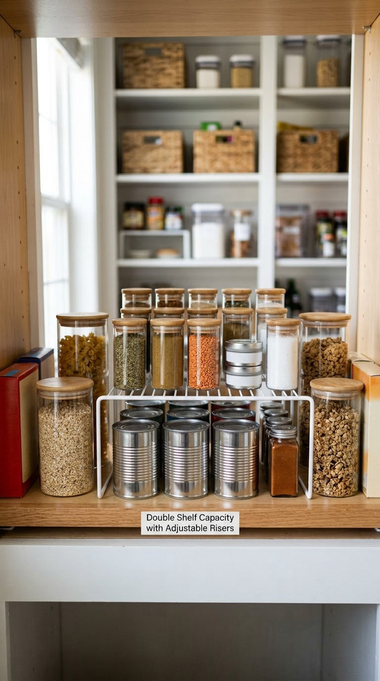 Double Shelf Capacity with Adjustable Risers