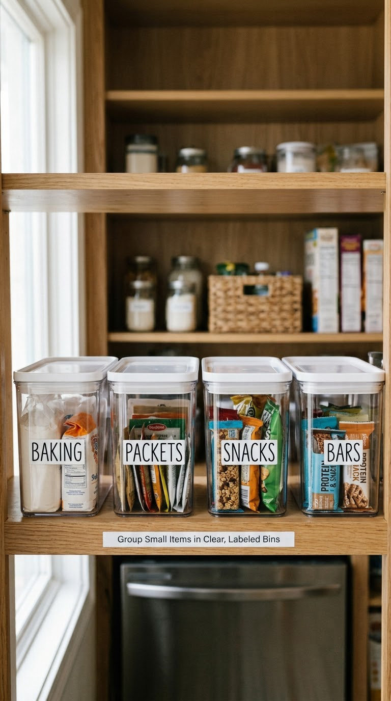 Group Small Items in Clear, Labeled Bins