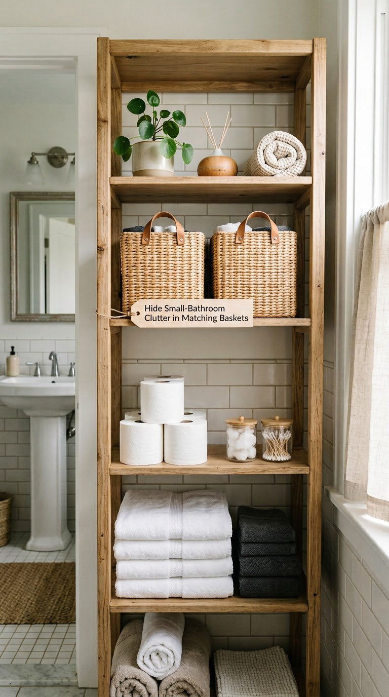 Hide Small-Bathroom Clutter in Matching Baskets
