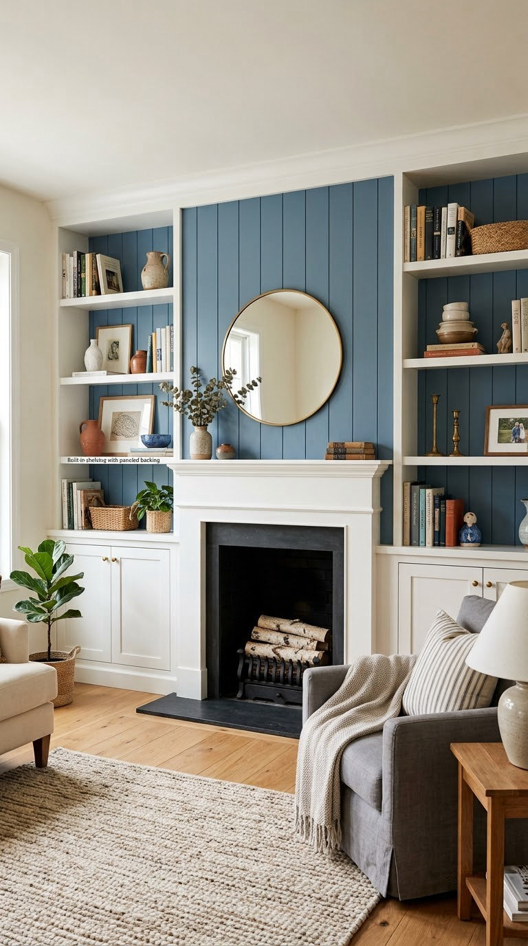 Built-in shelving with paneled backing