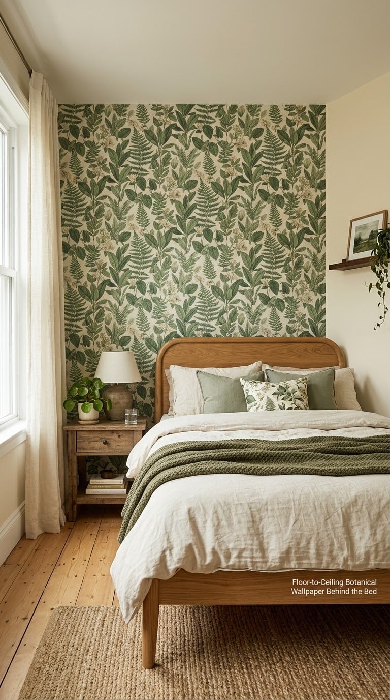 Floor-to-Ceiling Botanical Wallpaper Behind the Bed