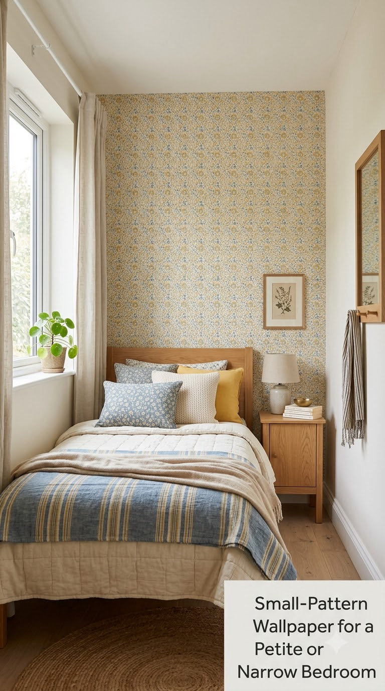 Small-Pattern Wallpaper for a Petite or Narrow Bedroom