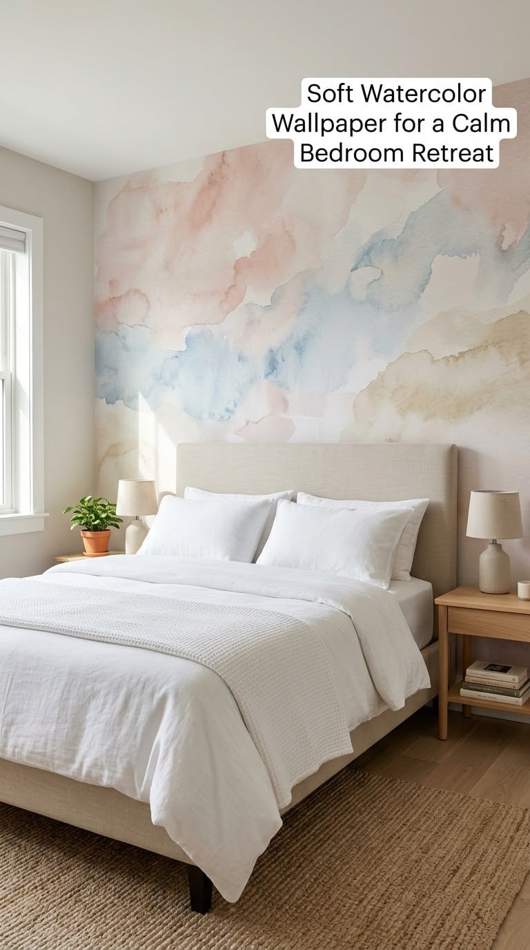 Soft Watercolor Wallpaper for a Calm Bedroom Retreat