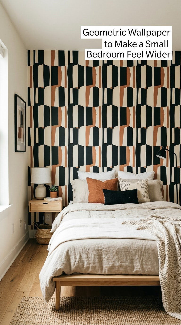 Geometric Wallpaper to Make a Small Bedroom Feel Wider