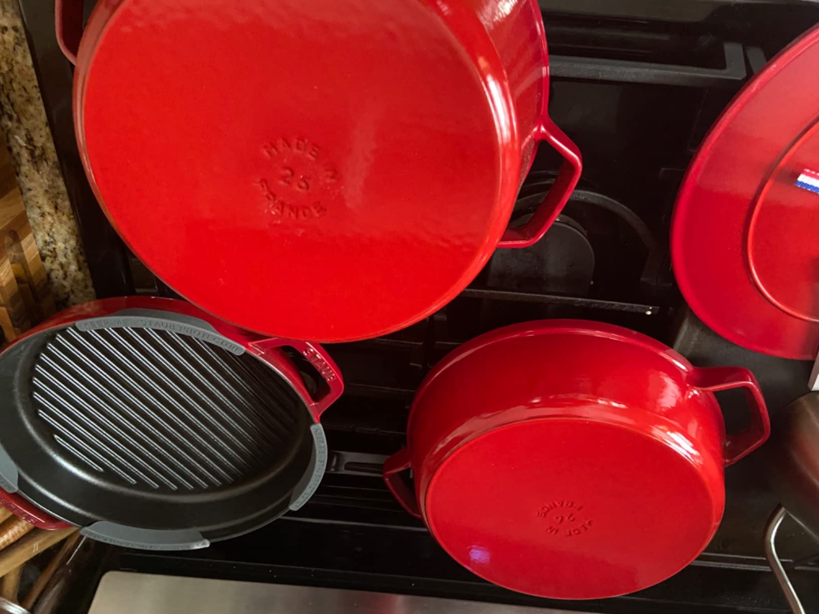 STAUB Cast Iron Set 4-pc, Stackable Space-Saving Cookware Set, Dutch Oven, Cast Iron Skillet, Cast Iron Grill Pan with Universal Lid, Made in France, Cherry customer photo 1