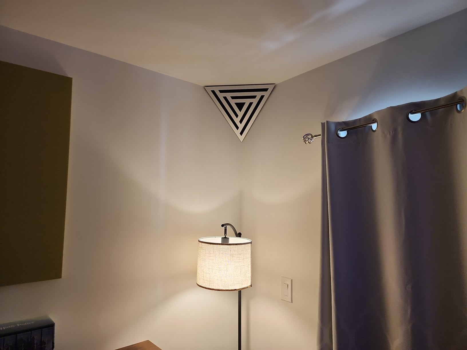 (2 Pack) — Sound Absorption-Diffuse Ceiling Corner Bass Trap «Triangle-TRI» Acoustic Foam with Perforated Laminated HDF Plate | 42x42x42cm | Triangular Pyramid | Color: (TRI, White) customer photo 1
