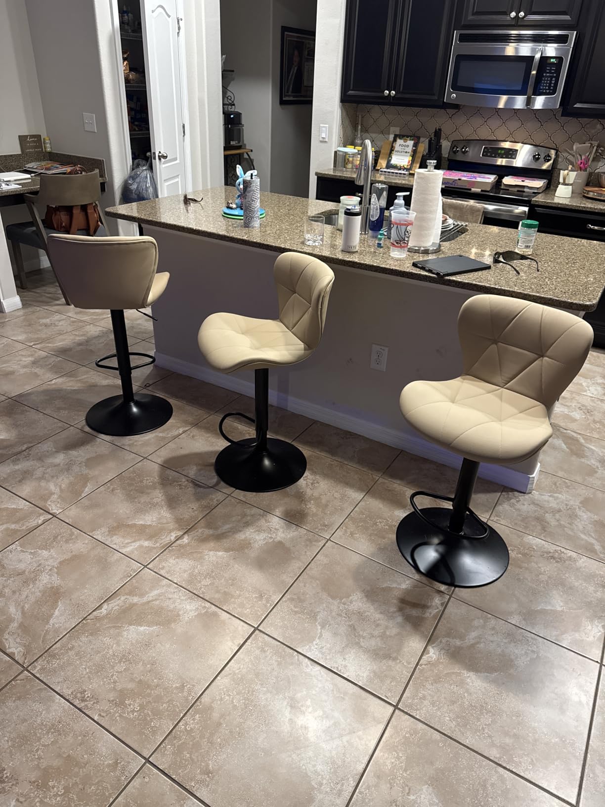 Bar Stools Set of 2,Adjustable Swivel Barstools, Faux Leather Bar Chairs,Upholstered Counter Height with High Backrest for Kitchen Island, Black customer photo 1