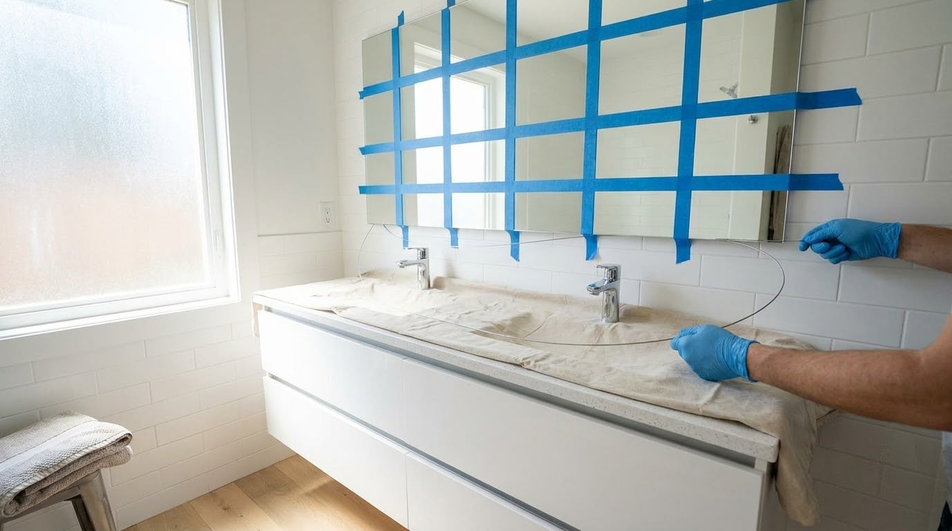 how to remove a glued bathroom mirror