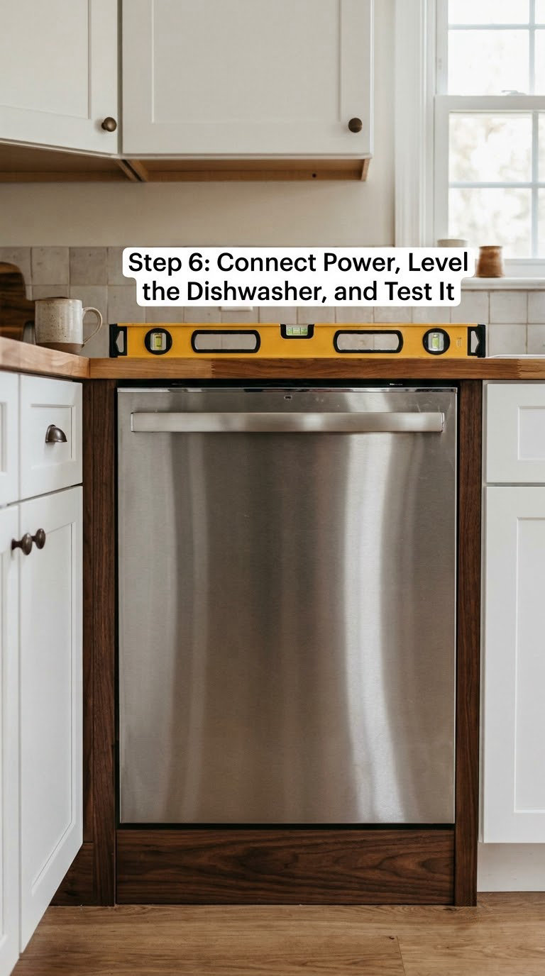 Step 6: Connect Power, Level the Dishwasher, and Test It
