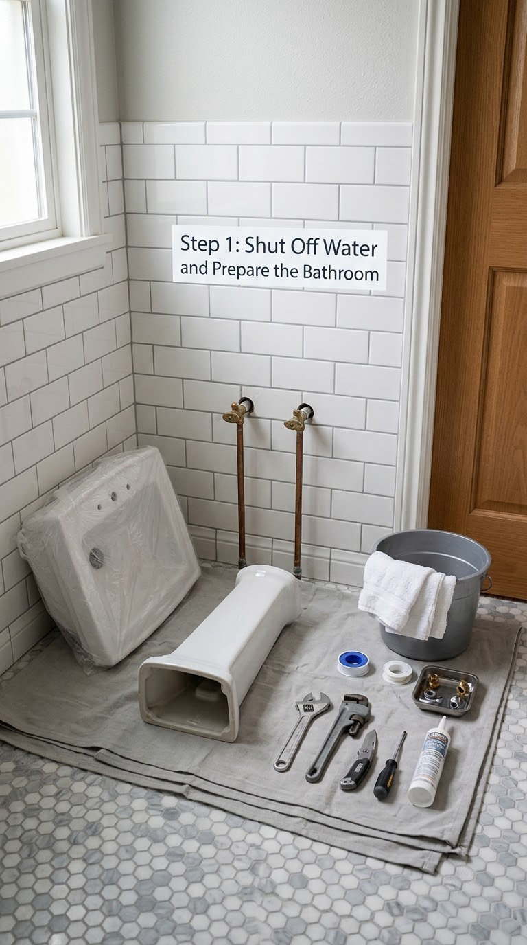 Step 1: Shut Off Water and Prepare the Bathroom