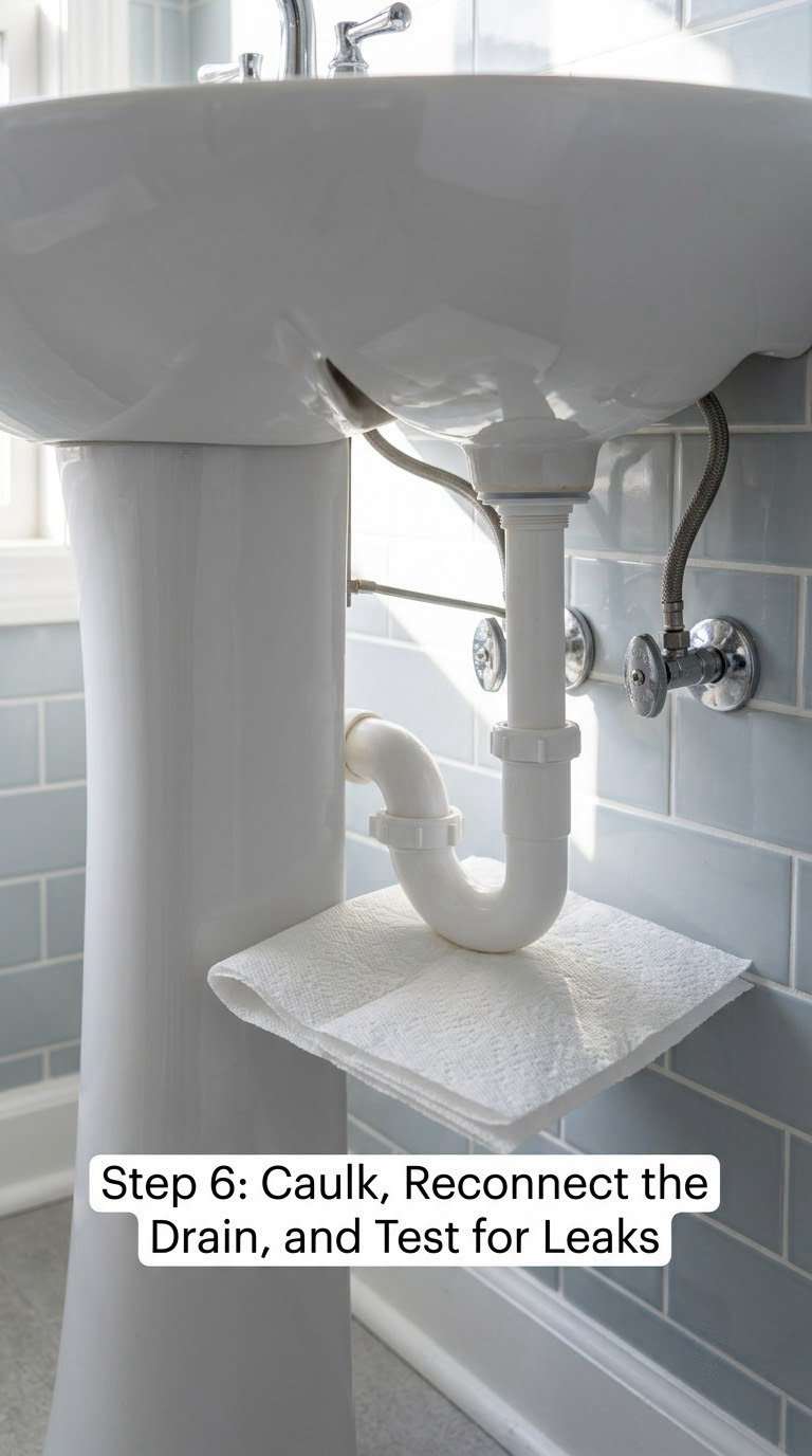 Step 6: Caulk, Reconnect the Drain, and Test for Leaks