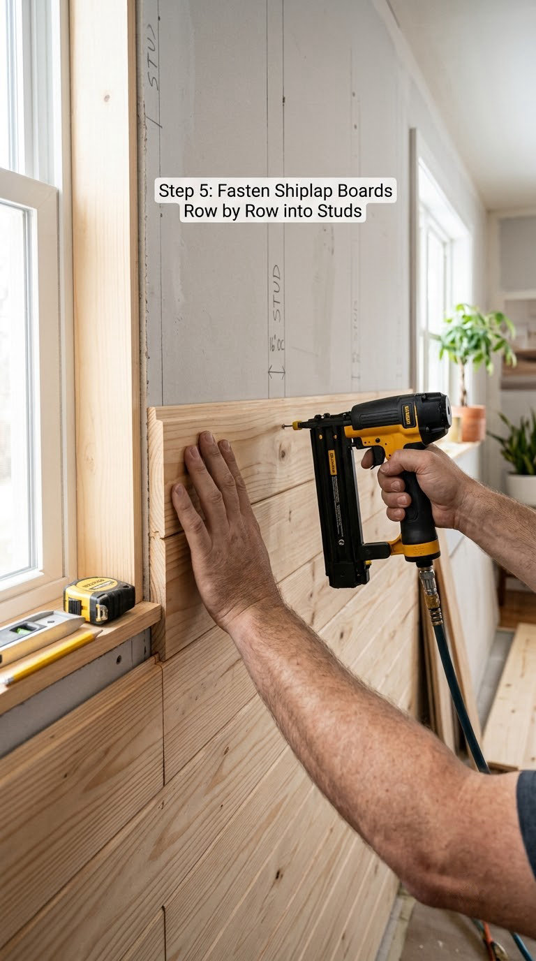 Step 5: Fasten Shiplap Boards Row by Row into Studs
