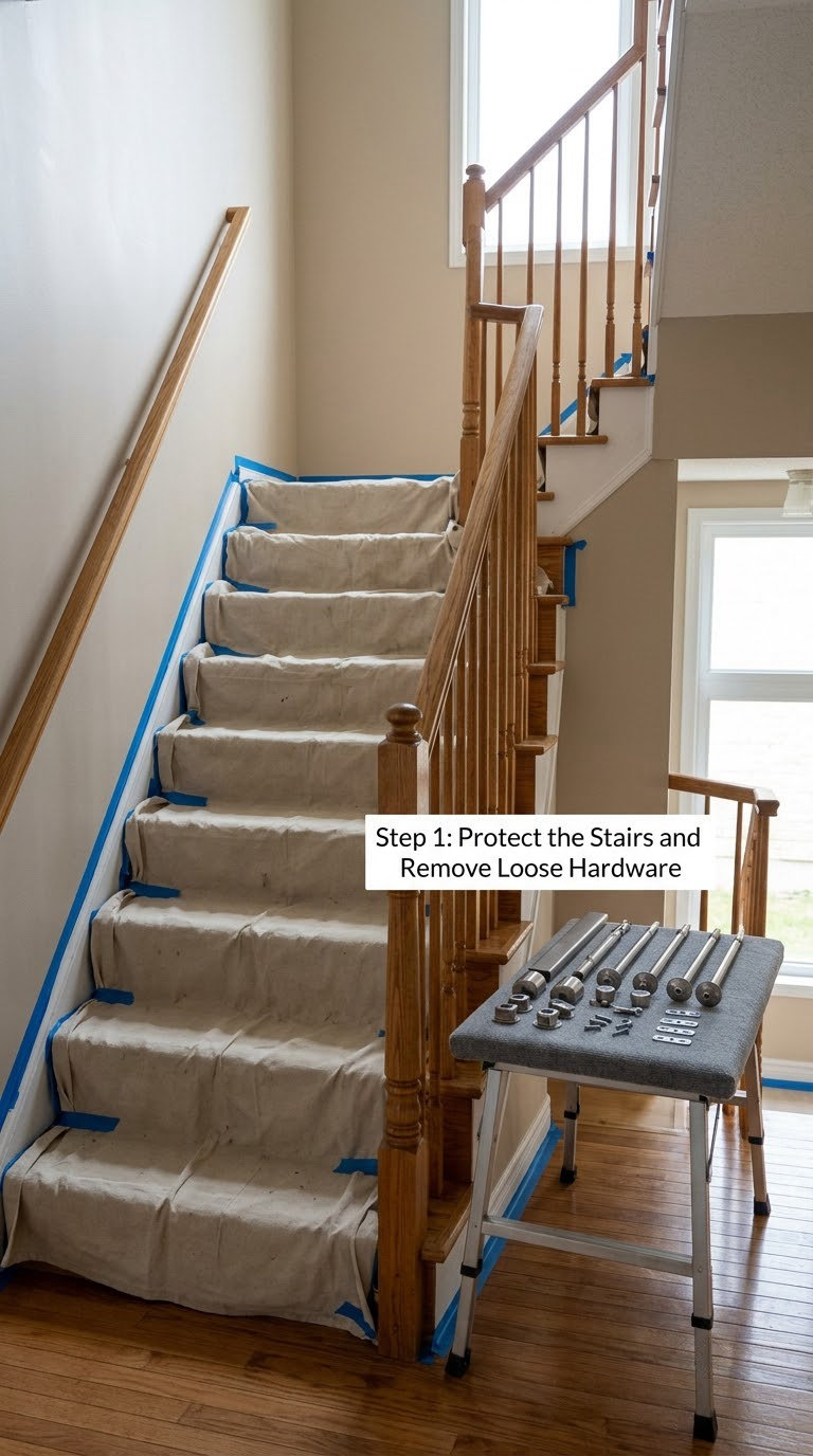 Step 1: Protect the Stairs and Remove Loose Hardware
