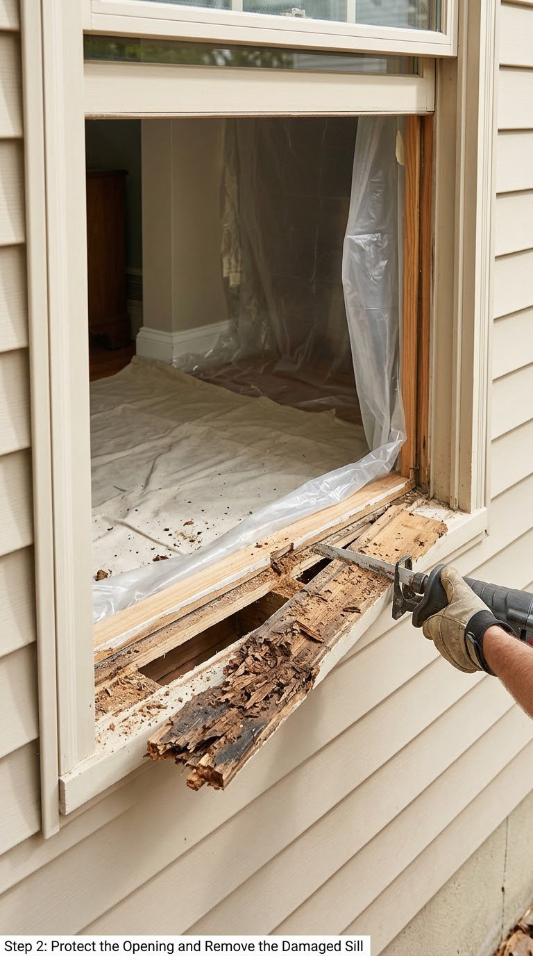 Step 2: Protect the Opening and Remove the Damaged Sill