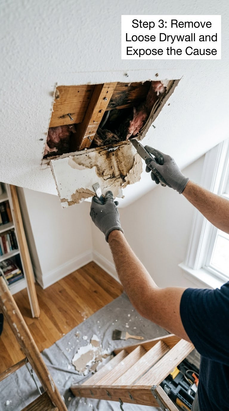 Step 3: Remove Loose Drywall and Expose the Cause