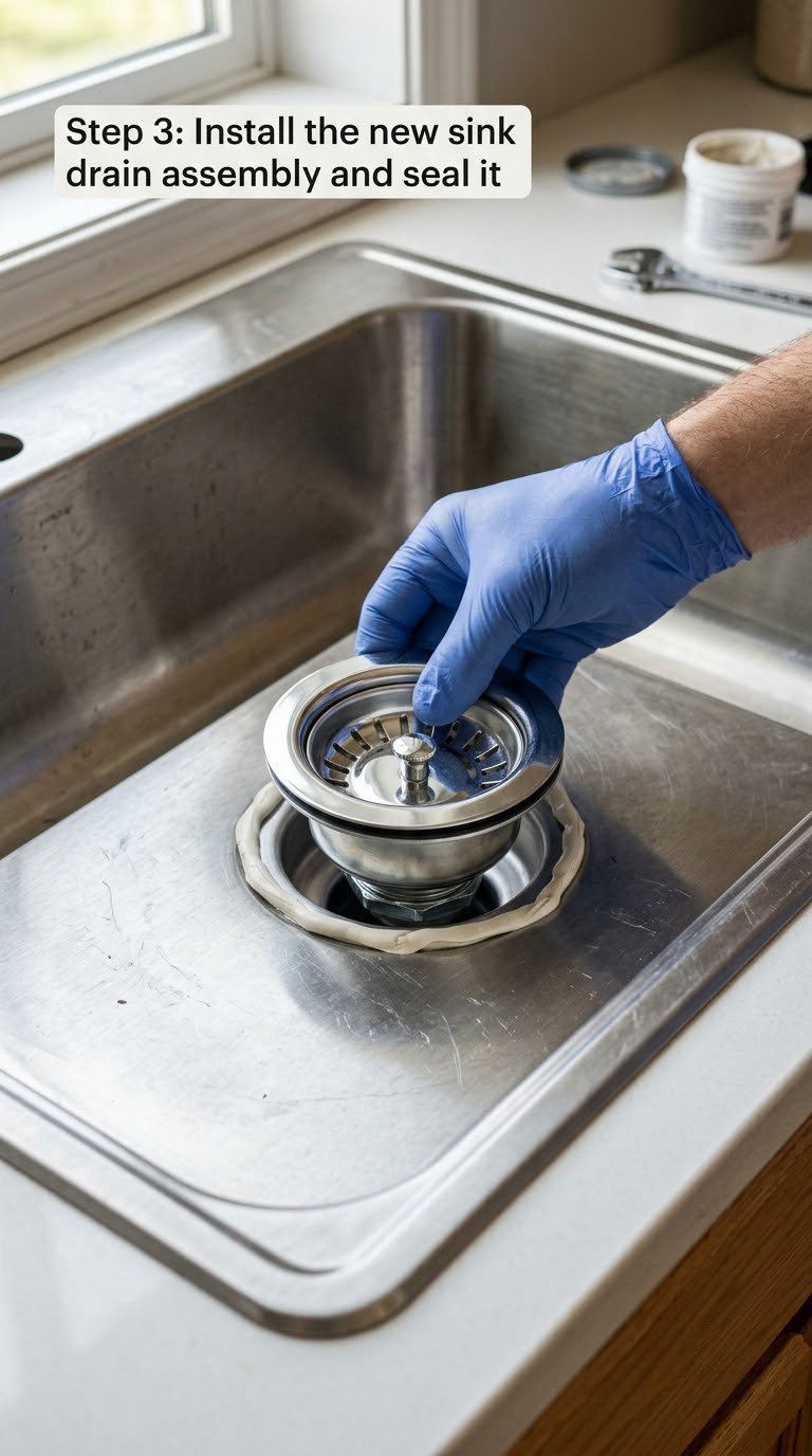 Step 3: Install the new sink drain assembly and seal it